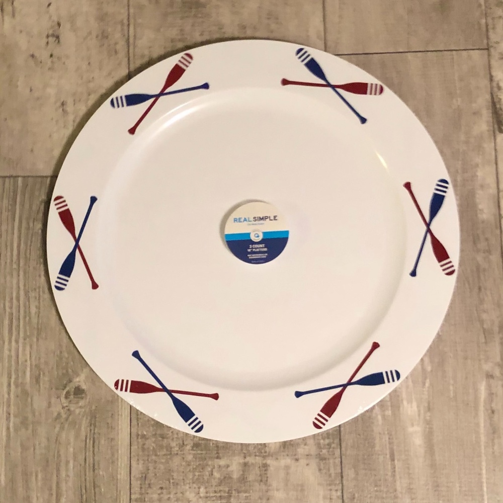 REAL SIMPLE Nautical Serving Platters 3 Count 16" Round New Hand Wash NO HEAT